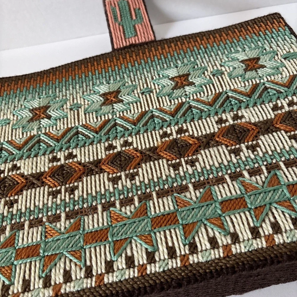 Vintage Handmade Needlepoint Cross Stitch Box Aztec Desert Cactus Purse